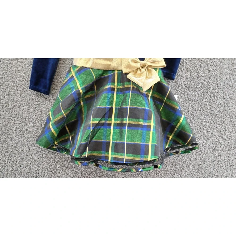 BONNIE JEAN Long Sleeved Velvet Bodice Dress Girl's 5 Navy/ Green w/ Bow - Picture 3 of 15